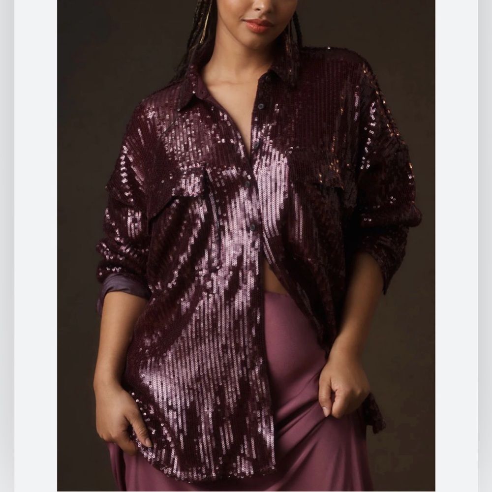 Pilcro Sequin Oversized Button Down Shirt in Plum Size XXS